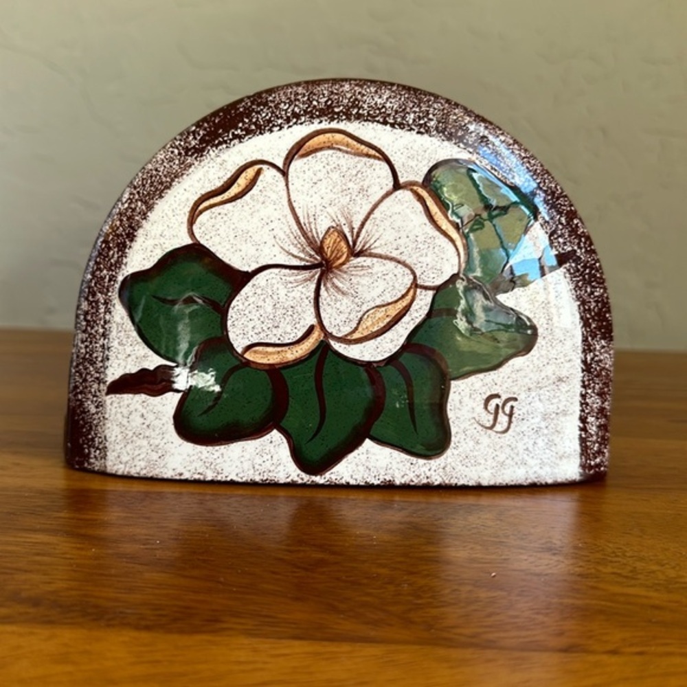Magnolia hand painted floral ceramic napkin holder signed‎